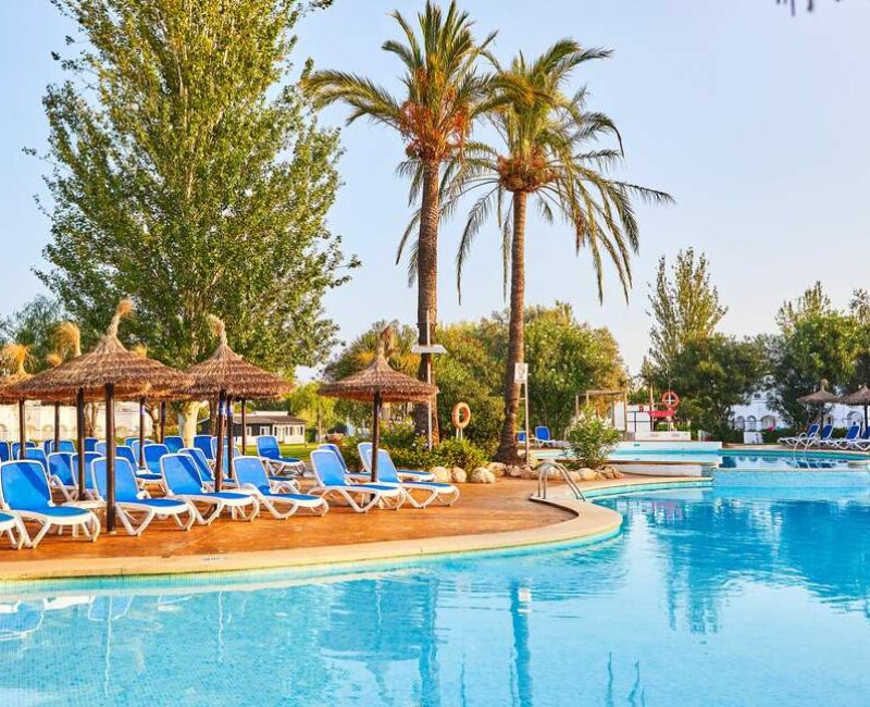 zwembad met palmbomen in een resort